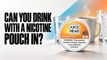 Juice Head nicotine pouch can beside water, hot coffee and a carbonated drink.