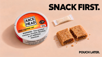 Juice Head nicotine pouch can beside a pouch and a cut fig bar on a soft peach background, with the text “Snack first. Pouch later.”