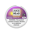 A round metal tin of Juice Head nicotine pouches in Raspberry Lemonade Mint flavor, 12mg, on a plain white background. The label features a purple and yellow wavy pattern with a prominent white square containing the black 'JUICE HEAD' brand logo, and a large nicotine warning text block at the bottom.