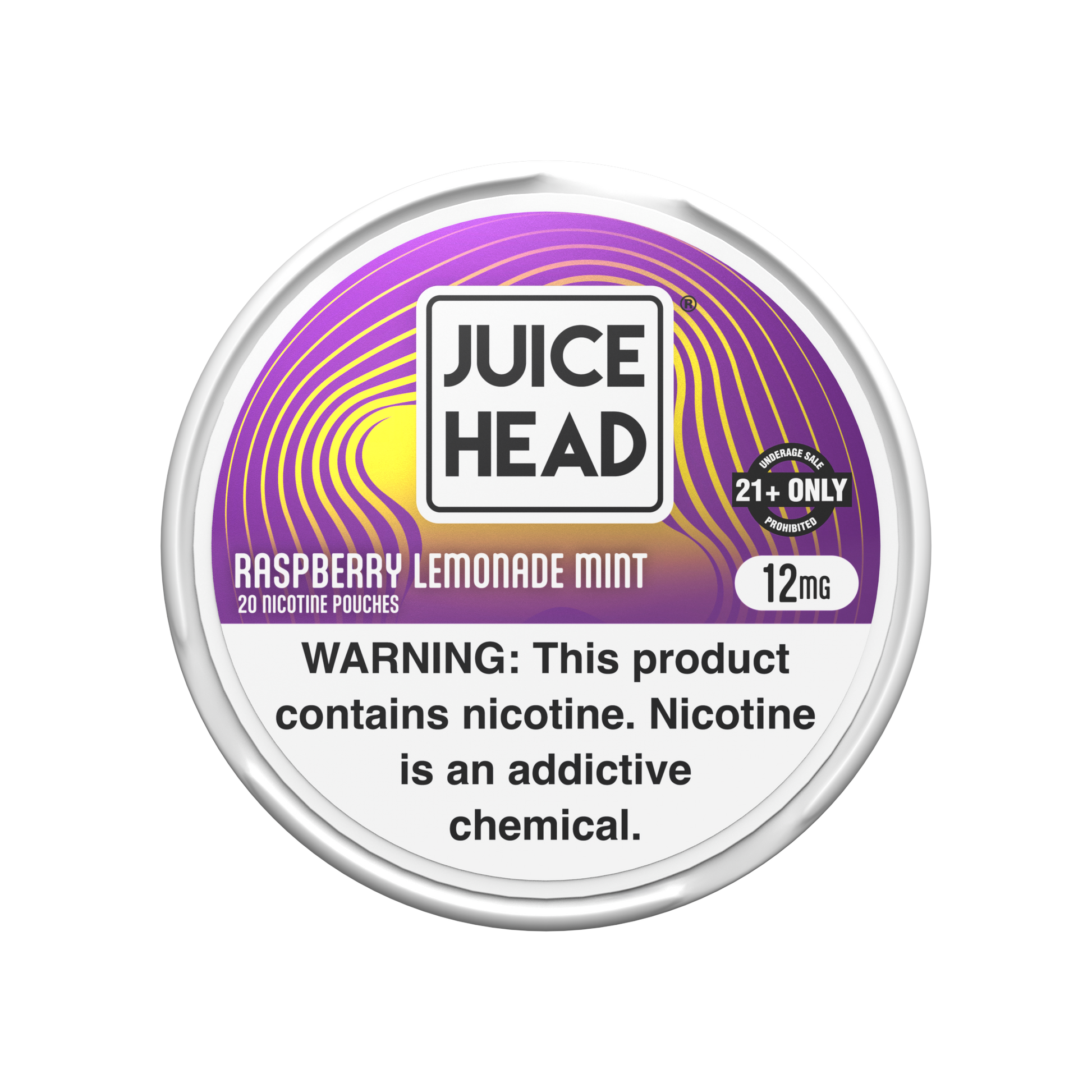 A round metal tin of Juice Head nicotine pouches in Raspberry Lemonade Mint flavor, 12mg, on a plain white background. The label features a purple and yellow wavy pattern with a prominent white square containing the black 'JUICE HEAD' brand logo, and a large nicotine warning text block at the bottom.