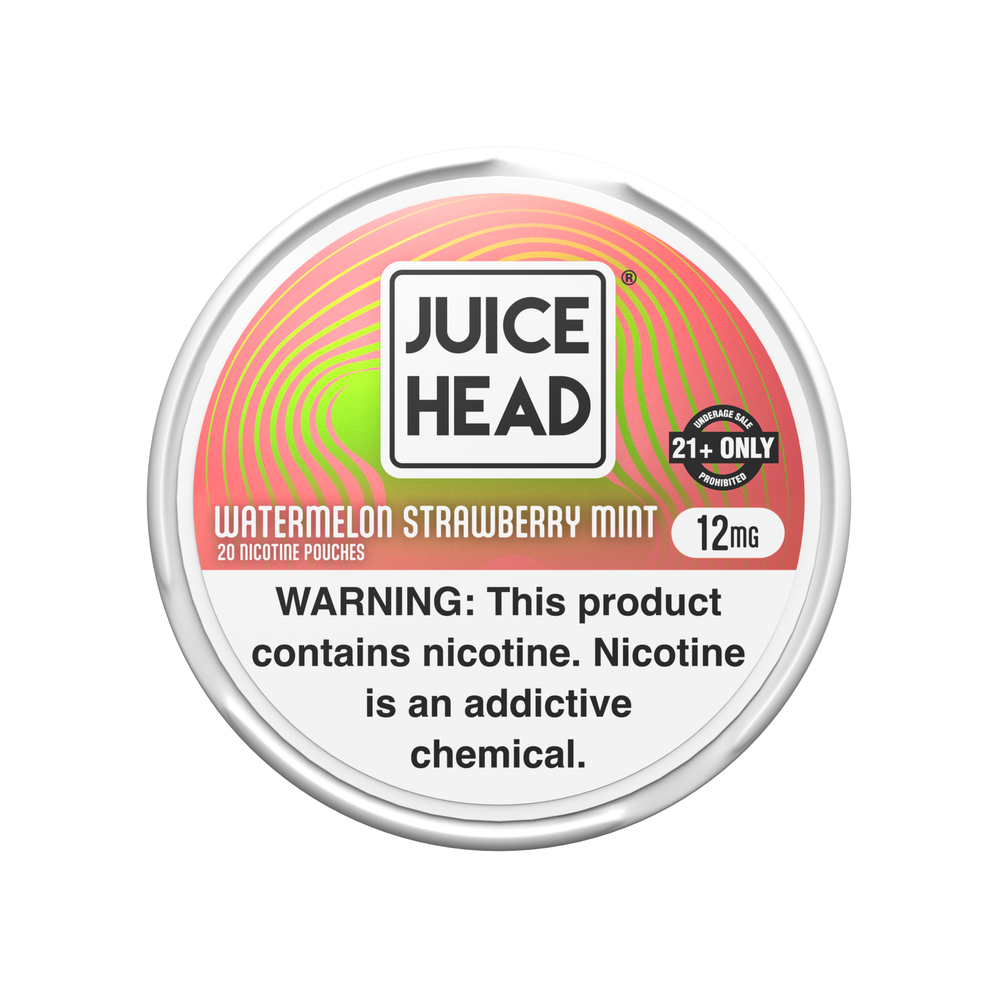 A nicotine pouch can  of Juice Head Watermelon Strawberry Mint nicotine pouches, featuring a colorful label with pink, orange, and green swirls, a prominent Juice Head logo, 21+ and a nicotine warning label on a white background.