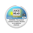 A round can of Juice Head Blueberry Lemon Mint 12mg nicotine pouches, featuring a blue and yellow graphic design with a prominent white warning label for nicotine and 21 and over icon.