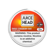 A round can of Juice Head Mango Strawberry Mint 12mg nicotine pouches, featuring a red and orange label with a nicotine warning and 21+ and over panel.