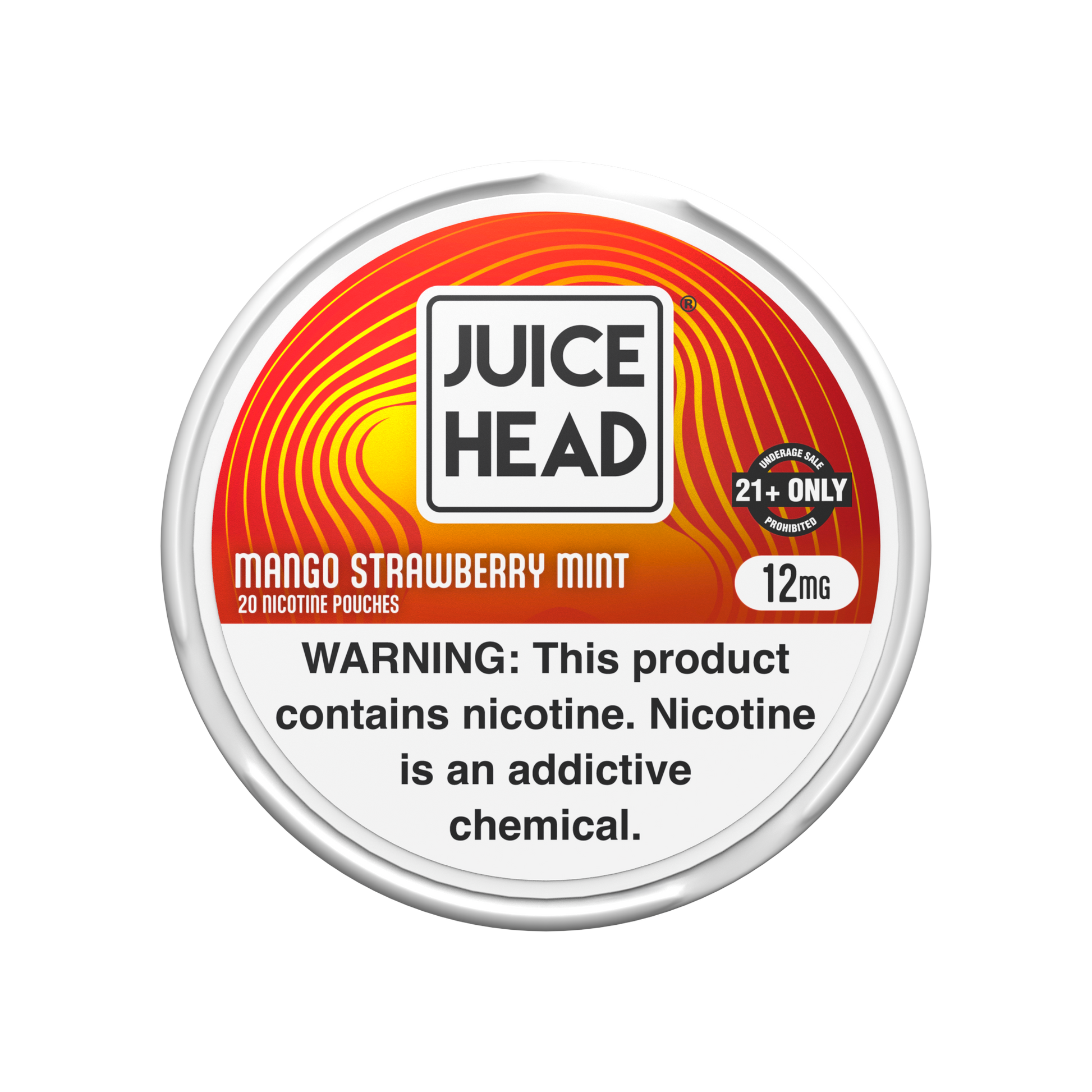 A round can of Juice Head Mango Strawberry Mint 12mg nicotine pouches, featuring a red and orange label with a nicotine warning and 21+ and over panel.