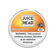 A round can of Juice Head Peach Pineapple Mint nicotine pouches, featuring a white and orange label with a prominent nicotine warning and a 21+ Only badge.