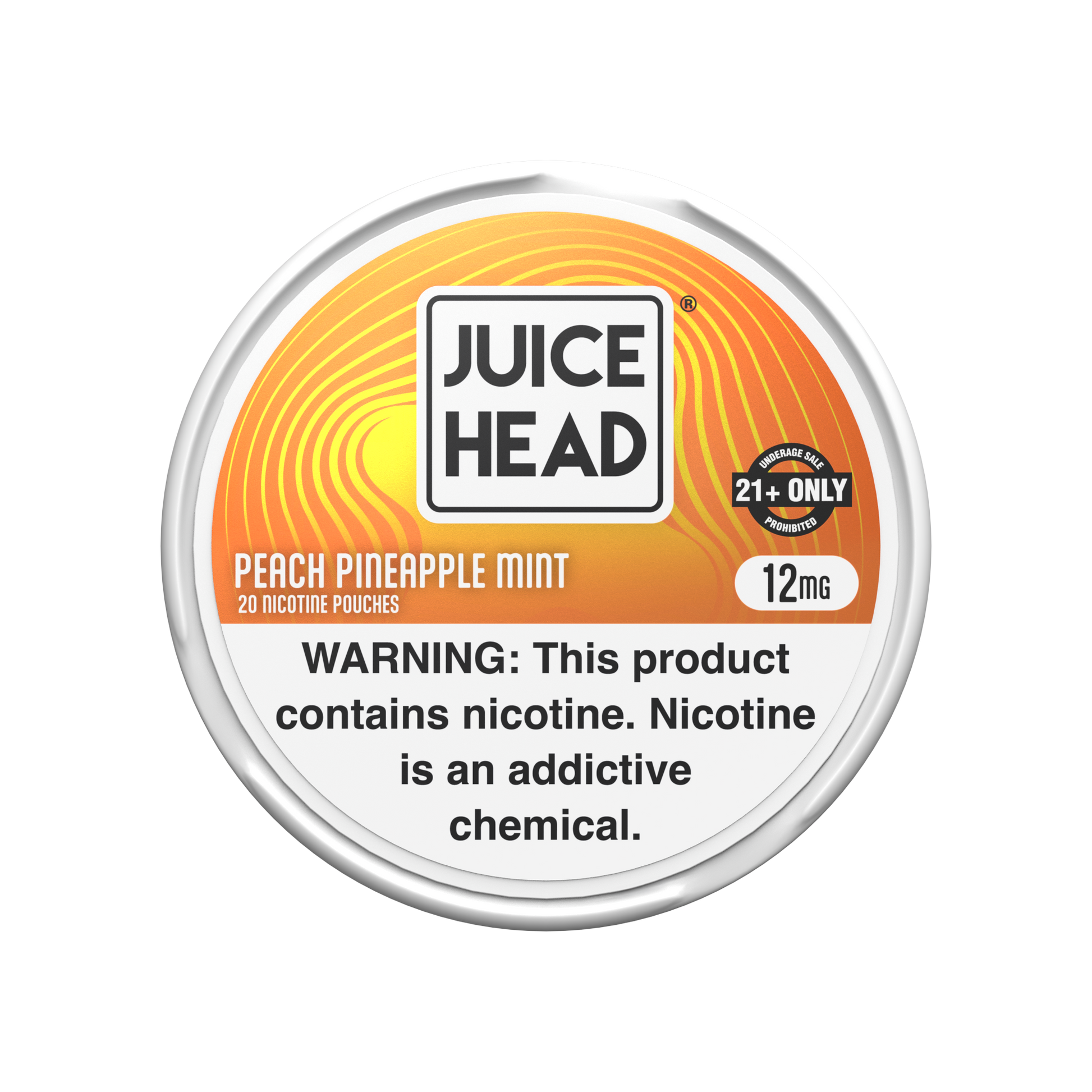 A round can of Juice Head Peach Pineapple Mint nicotine pouches, featuring a white and orange label with a prominent nicotine warning and a 21+ Only badge.