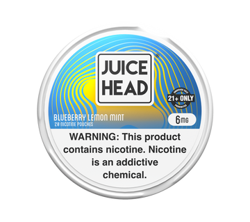 6mg Blueberry Lemon Mint Juice Head nicotine pouch tin with white lid, blue label, and nicotine warning.