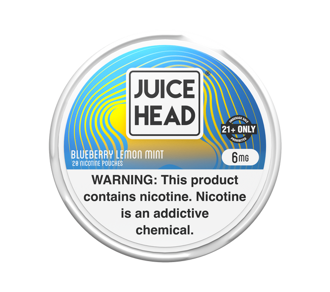 6mg Blueberry Lemon Mint Juice Head nicotine pouch tin with white lid, blue label, and nicotine warning.