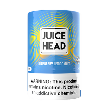 A 5 pack retail sleeve of Juice Head Blueberry Lemon Mint 6mg nicotine pouches. The design features a vibrant blue background overlaid with thin, concentric yellow wave lines. The white and black bold 'Juice Head' brand logo sits prominently in the center above the flavor name. A large, high-contrast black and white nicotine warning label covers the bottom third of the package.