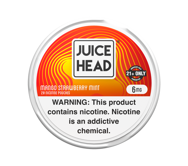 6mg Mango Strawberry Mint Juice Head nicotine pouch tin with white lid, orange label, and nicotine warning.