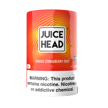 A 5 pack retail sleeve of Juice Head Mango Strawberry Mint 6mg nicotine pouches. The design features a vibrant orange-red background overlaid with thin, concentric yellow wave lines. The white and black bold 'Juice Head' brand logo sits prominently in the center above the flavor name. A large, high-contrast black and white nicotine warning label covers the bottom third of the package.