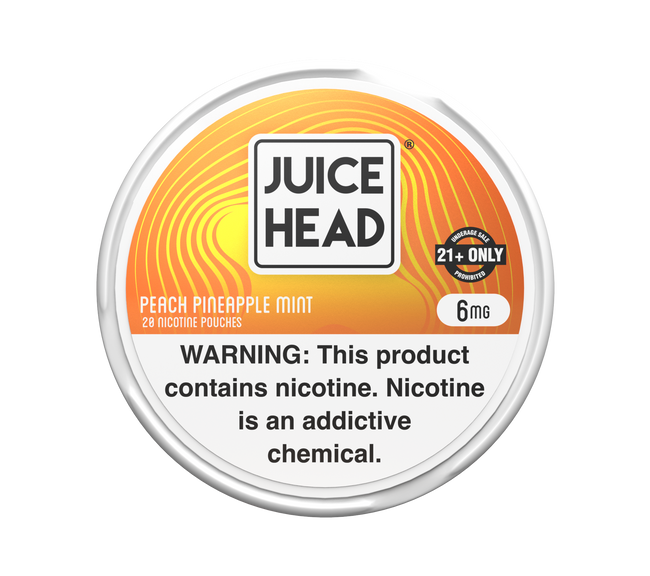 6mg Peach Pineapple Mint Juice Head nicotine pouch tin with white lid, orange label, and nicotine warning.