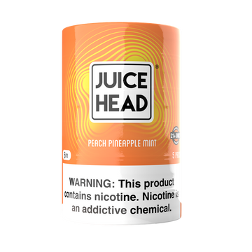 A 5 pack retail sleeve of Juice Head Peach Pineapple Mint 6mg nicotine pouches. The design features a vibrant orange background overlaid with thin, concentric yellow wave lines. The white and black bold 'Juice Head' brand logo sits prominently in the center above the flavor name. A large, high-contrast black and white nicotine warning label covers the bottom third of the package.