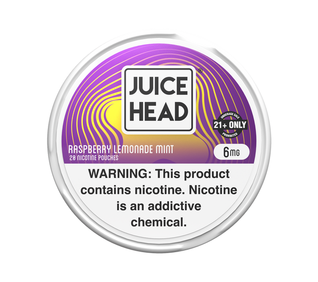 6mg Raspberry Lemonade Mint Juice Head nicotine pouch tin with purple lid, yellow wave design, and nicotine warning.