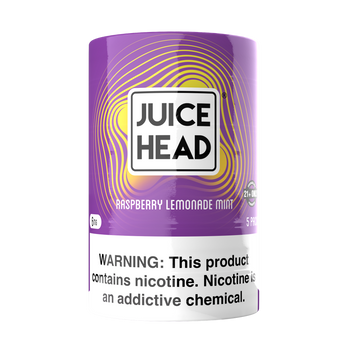 A 5 pack retail sleeve of Juice Head Raspberry Lemonade Mint 6mg nicotine pouches. The design features a vibrant purple background overlaid with thin, concentric yellow wave lines. The white and black bold 'Juice Head' brand logo sits prominently in the center above the flavor name. A large, high-contrast black and white nicotine warning label covers the bottom third of the package.