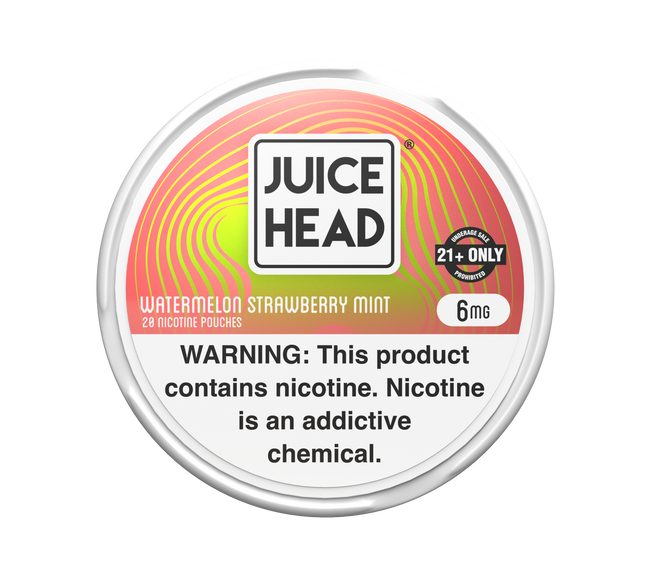 6mg Watermelon Strawberry Mint Juice Head nicotine pouch tin with white lid, pink label, and nicotine