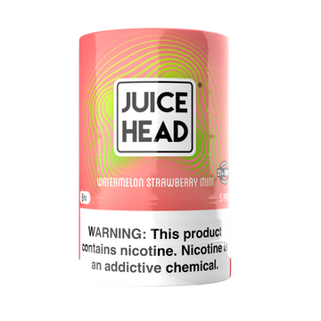 A 5 pack retail sleeve of Juice Head Watermelon Strawberry Mint 6mg nicotine pouches. The design features a vibrant pink background overlaid with thin, concentric lime green wave lines. The white and black bold 'Juice Head' brand logo sits prominently in the center above the flavor name. A large, high-contrast black and white nicotine warning label covers the bottom third of the package.